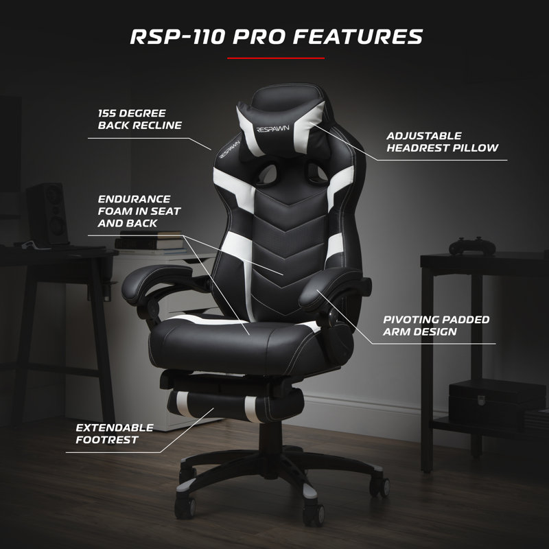 RESPAWN 110 Pro Gaming Chair Gaming Chair with Footrest Reclining Gaming Chair Video Gaming Computer Desk Chair Adjustable Desk Chair Gaming Chairs For Adults With Headrest Pillow Reviews Wayfair